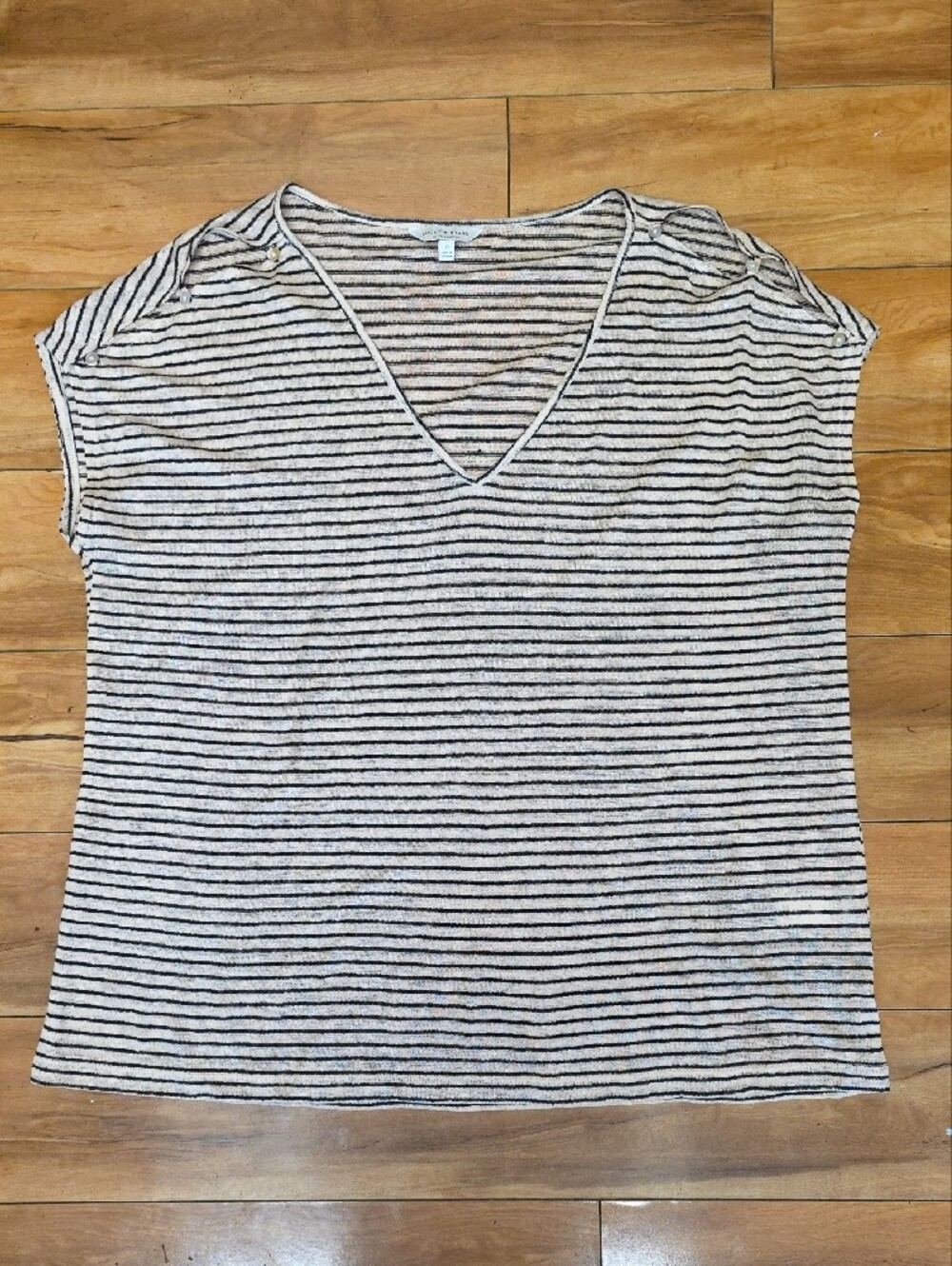 Lucky Brand 100% Linen Striped Cold Shoulder V-Neck Tee Top Small